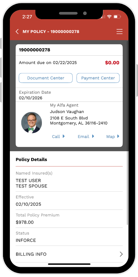 Alfa policy information page in mobile app