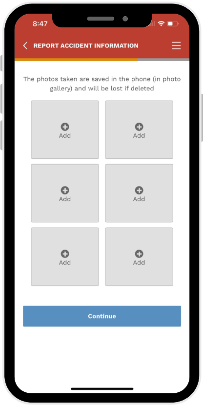Alfa reporting accident information page in mobile app