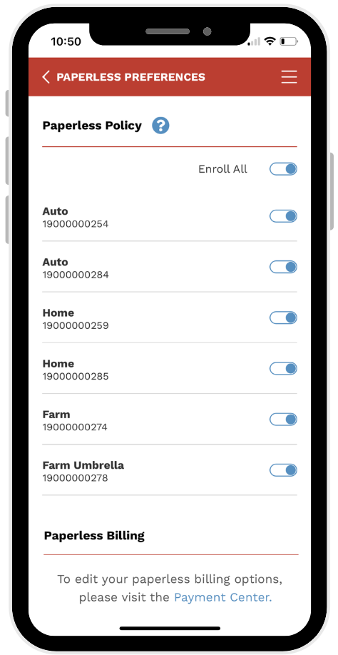Alfa paperless preferences in the mobile app
